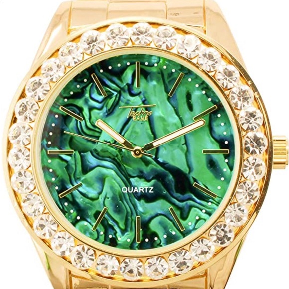 Gold Iced Out Marble Dial Watch w/Solitaire Bezel - Picture 3 of 8